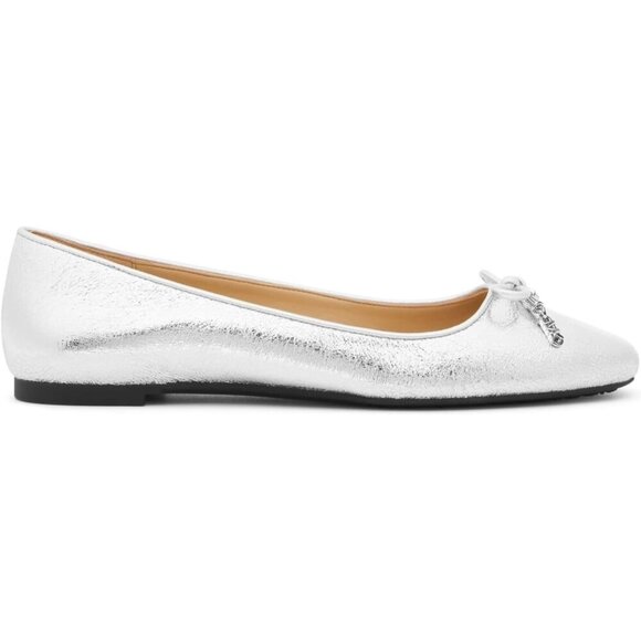 Michael kors Nori Metallic Leather Ballet Flat Shoes Women Silver Bow Slip-on - Picture 2 of 3